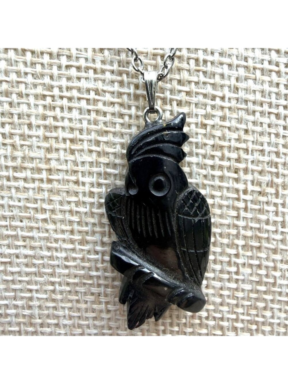 Hand Carved Onyx Parrot Bird Pendant Necklace Silver Tone 18" Artisan Folk Art